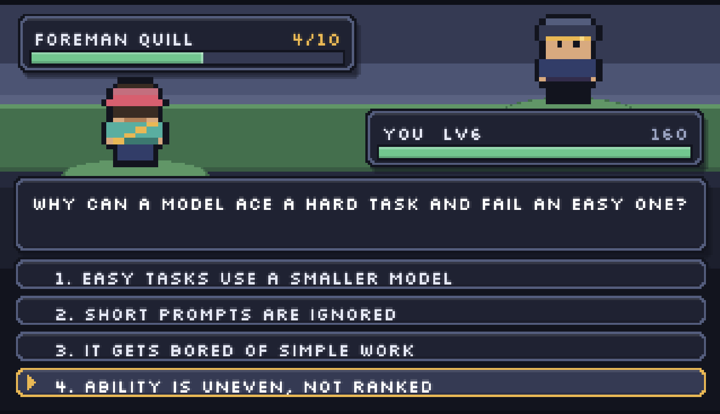 A trivia duel against Foreman Quill with four multiple-choice answers