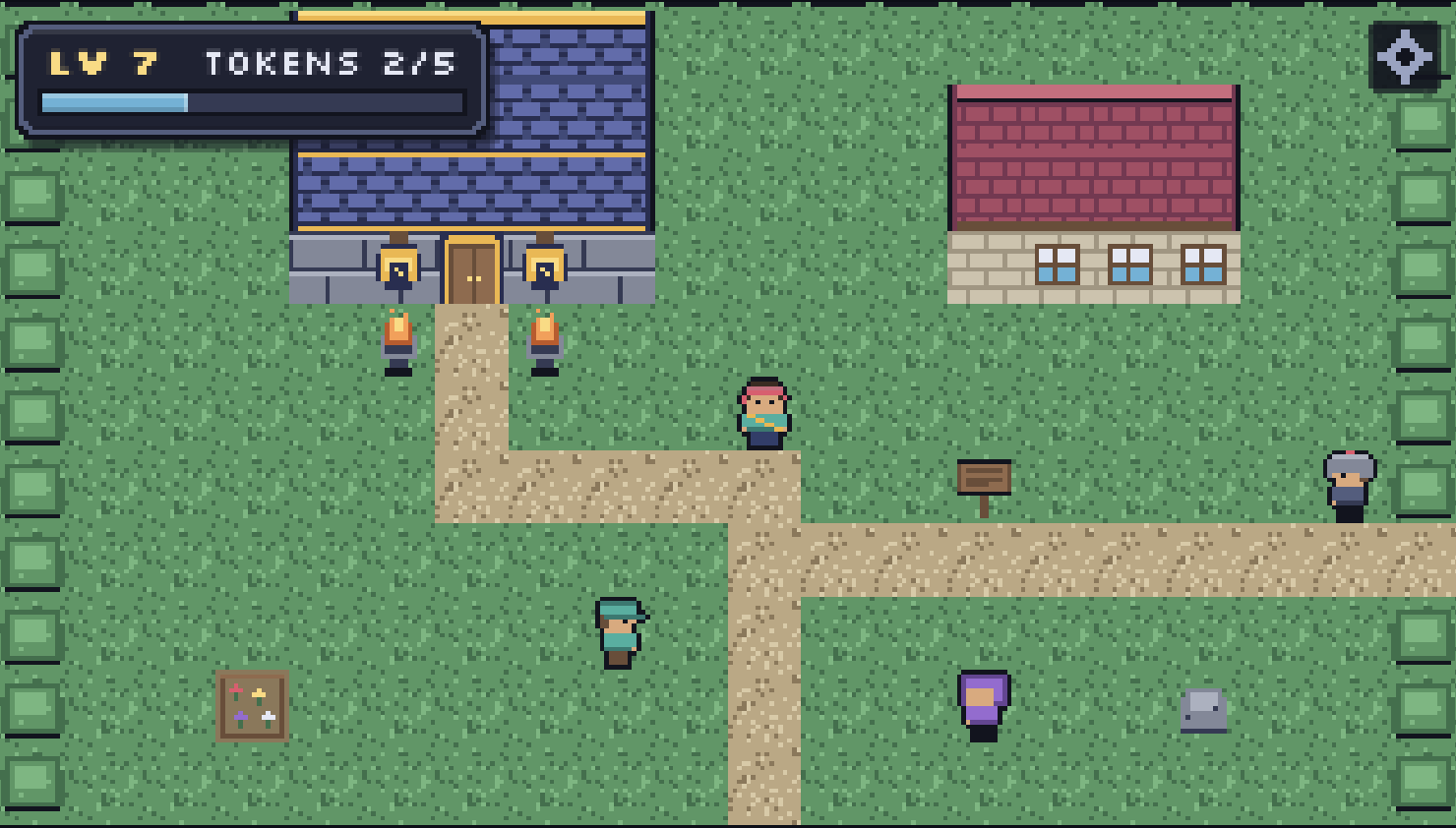Walking through Loss Valley's town square, past houses and NPCs