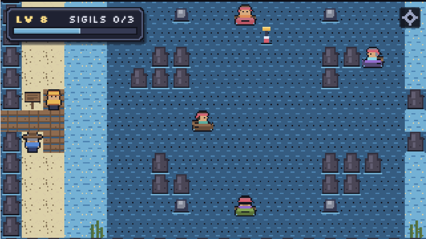 Sailing a small boat across the Open Strait, dodging sigil statues